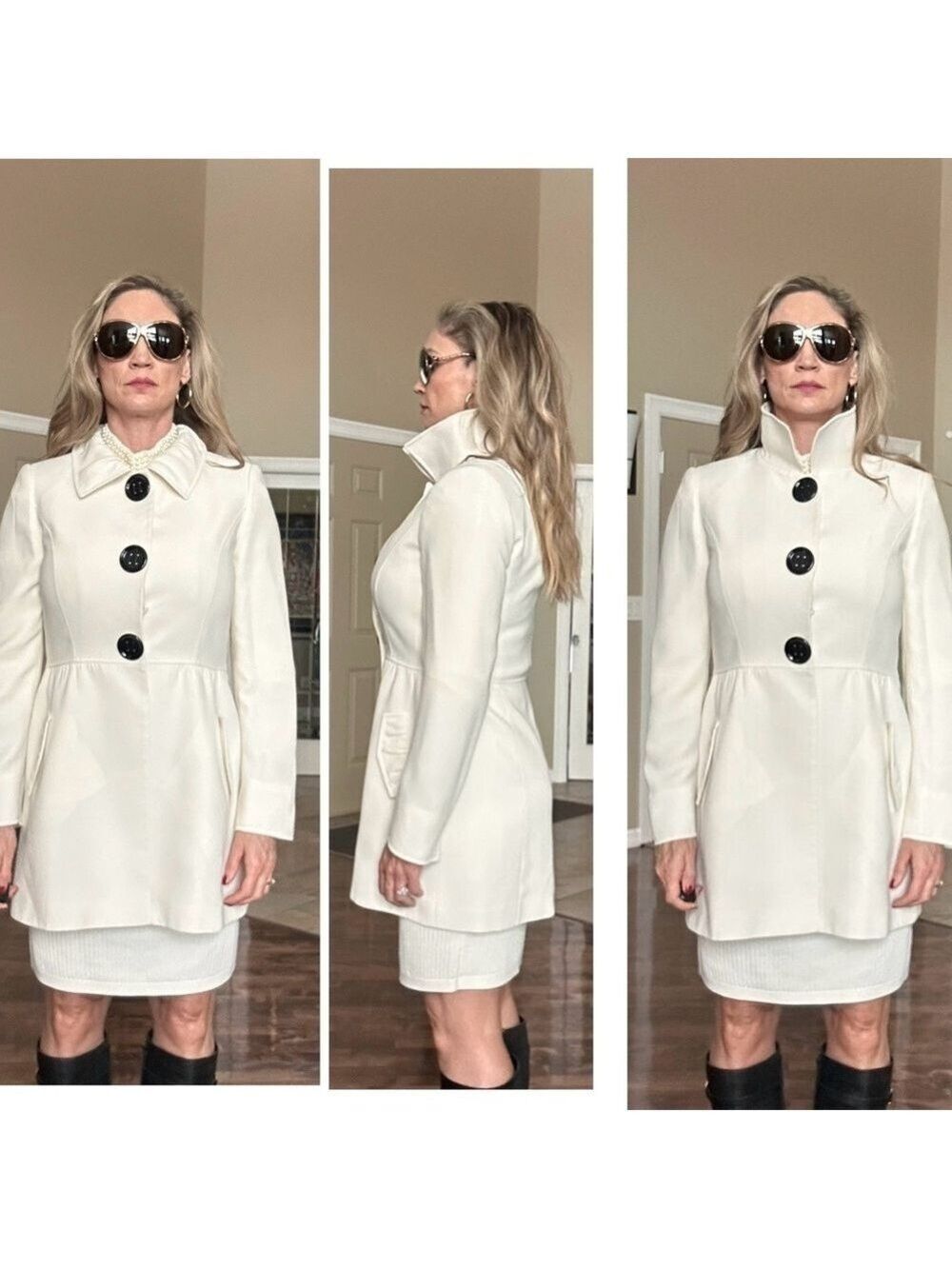 Tahari Arthur S. Levine ivory white midi coat long sleeves big button front 8